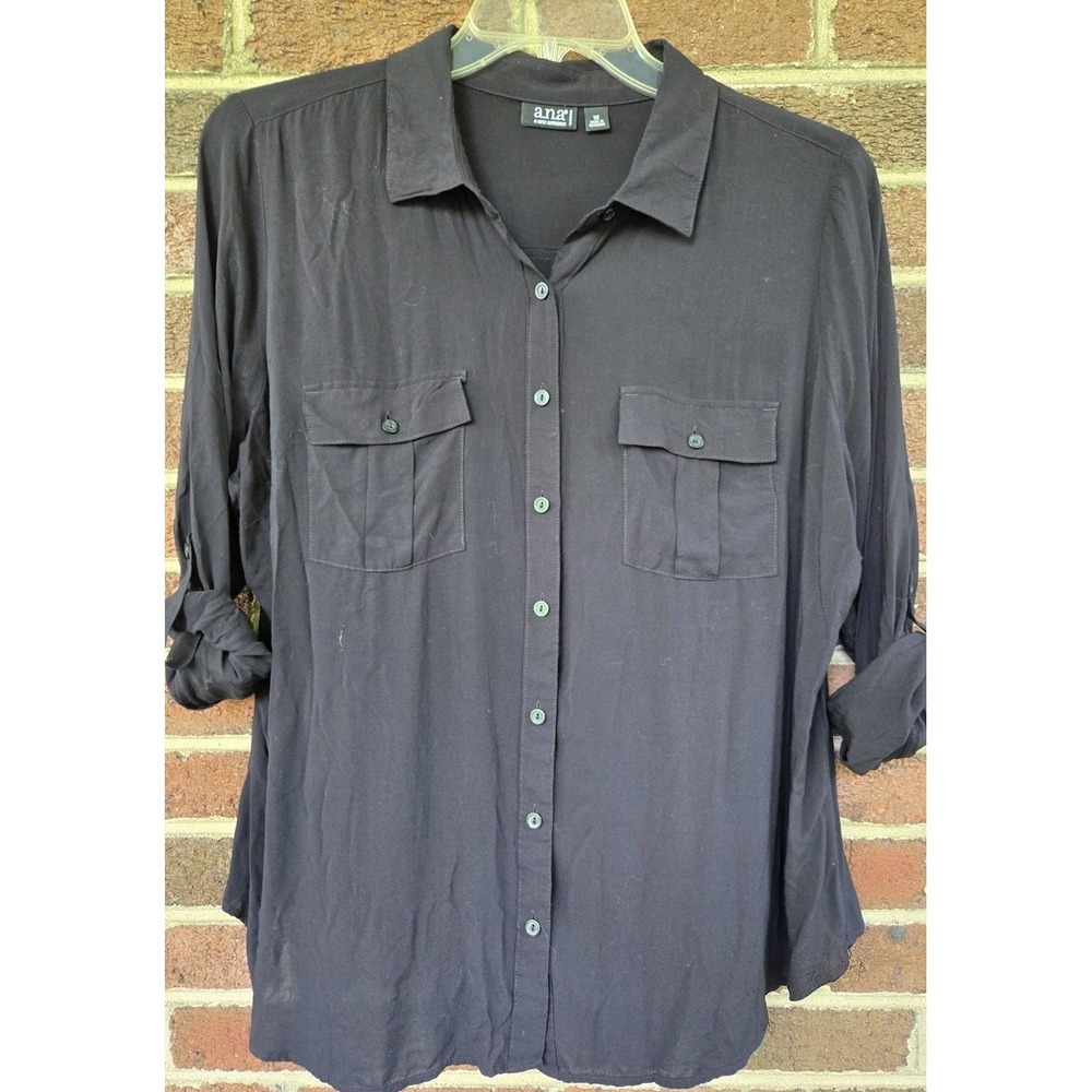 A.N.A. Black 1X Women's Casual Loose Button-Up Shirt Roll Cuff Sleeve Lightweigh